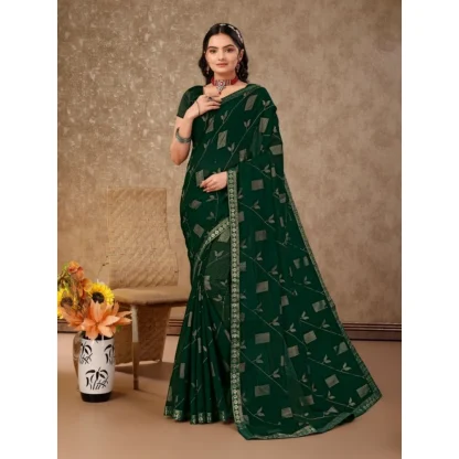 Women's Zomto Patta Chiffon Saree With Unstitched Blouse (Green, 5-6 Mtrs) - Image 8