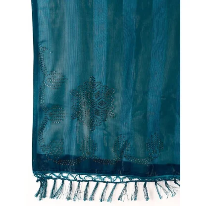 Women's Chiffon Fabric Line Saree With Unstitched Blouse (Teal Blue, 5-6 Mtrs) - Image 3