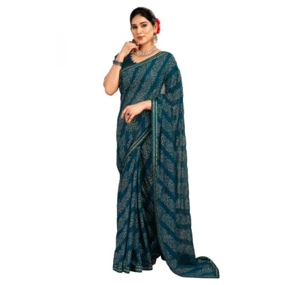 Women's Zomto Bandhini Saree With Unstitched Blouse (Blue, 5-6 Mtrs)