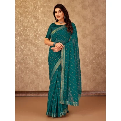 Women's Zomto Bandhini Saree With Unstitched Blouse (Teal Blue, 5-6 Mtrs) - Image 8