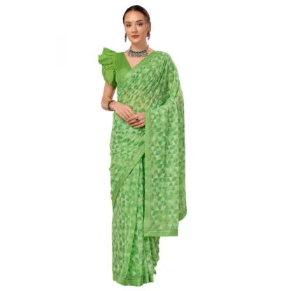 Women's Zomto Printed Saree With Unstitched Blouse (Green, 5-6 Mtrs)