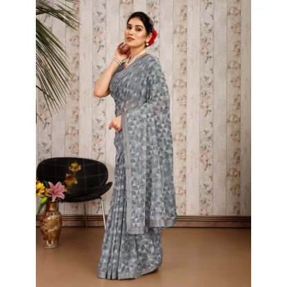 Women's Zomto Printed Saree With Unstitched Blouse (Grey, 5-6 Mtrs) - Image 7