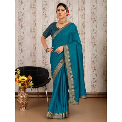 Women's Vichitra Plain Saree With Unstitched Blouse (Blue, 5-6 Mtrs) - Image 4