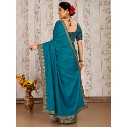 Women's Vichitra Plain Saree With Unstitched Blouse (Blue, 5-6 Mtrs) - Image 6