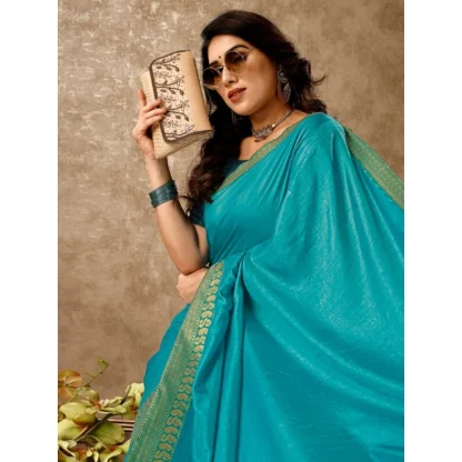 Women's Vichitra Plain Saree With Unstitched Blouse (Teal Blue, 5-6 Mtrs) - Image 5