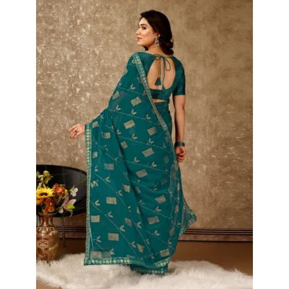 Women's Zomto Patta Chiffon Saree With Unstitched Blouse (Teal Blue, 5-6 Mtrs) - Image 4