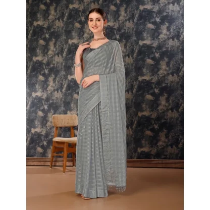 Women's Chiffon Fabric Line Saree With Unstitched Blouse (Grey, 5-6 Mtrs) - Image 7