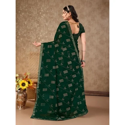 Women's Zomto Patta Chiffon Saree With Unstitched Blouse (Green, 5-6 Mtrs) - Image 4