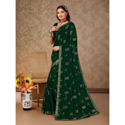 Women's Zomto Patta Chiffon Saree With Unstitched Blouse (Green, 5-6 Mtrs) - Image 7