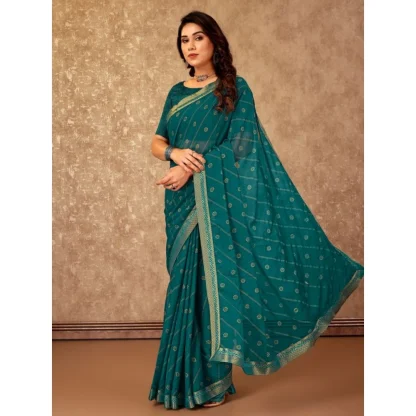 Women's Zomto Bandhini Saree With Unstitched Blouse (Teal Blue, 5-6 Mtrs) - Image 7