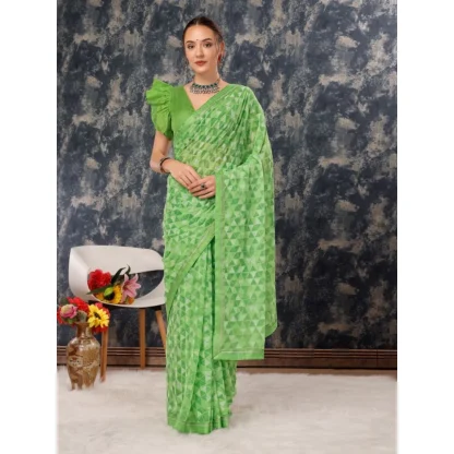 Women's Zomto Printed Saree With Unstitched Blouse (Green, 5-6 Mtrs) - Image 8