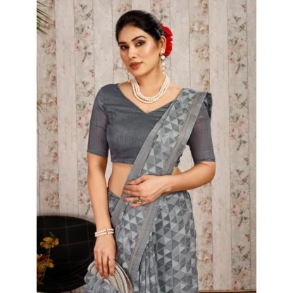 Women's Zomto Printed Saree With Unstitched Blouse (Grey, 5-6 Mtrs) - Image 5