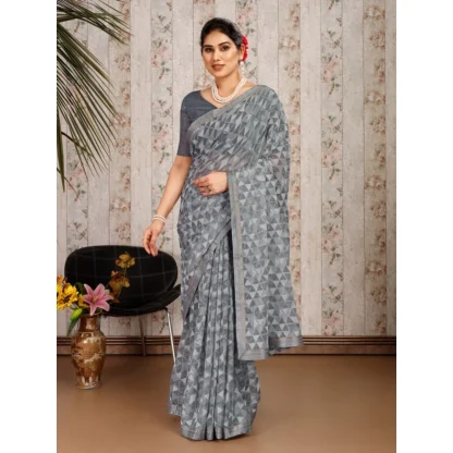 Women's Zomto Printed Saree With Unstitched Blouse (Grey, 5-6 Mtrs) - Image 8