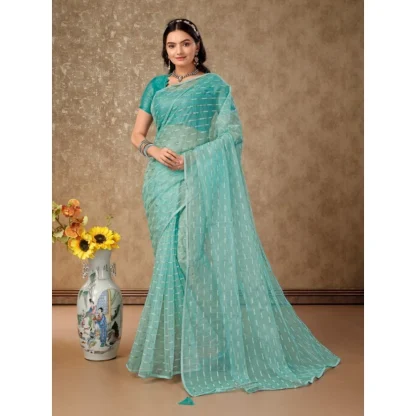 Women's Linen Line Saree With Unstitched Blouse (Turquies Green, 5-6 Mtrs) - Image 8