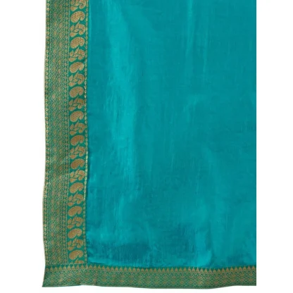 Women's Vichitra Plain Saree With Unstitched Blouse (Teal Blue, 5-6 Mtrs) - Image 2