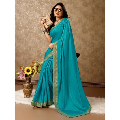 Women's Vichitra Plain Saree With Unstitched Blouse (Teal Blue, 5-6 Mtrs) - Image 6