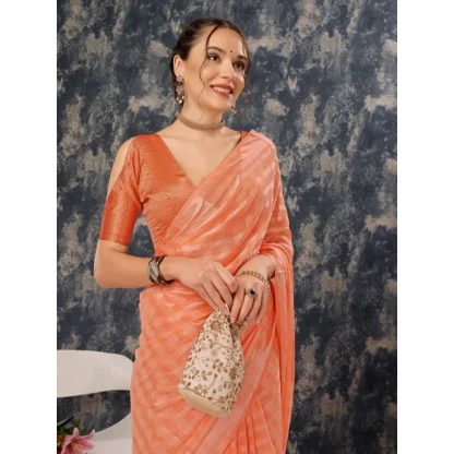 Women's Chiffon Fabric Line Saree With Unstitched Blouse (Peach, 5-6 Mtrs) - Image 5