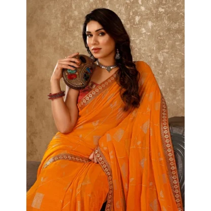 Women's Zomto Patta Chiffon Saree With Unstitched Blouse (Yellow, 5-6 Mtrs) - Image 4