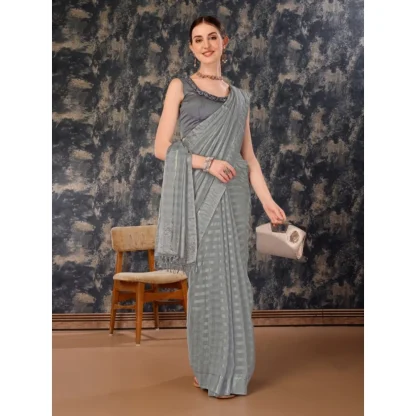 Women's Chiffon Fabric Line Saree With Unstitched Blouse (Grey, 5-6 Mtrs) - Image 5