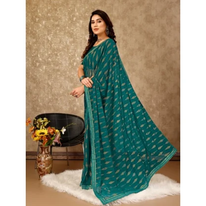 Women's Zomto Laheriya Saree With Unstitched Blouse (Teal Blue, 5-6 Mtrs) - Image 7