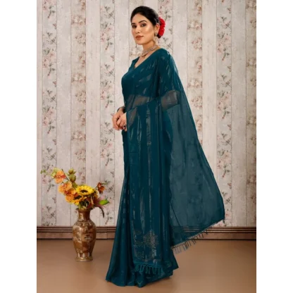 Women's Chiffon Fabric Line Saree With Unstitched Blouse (Teal Blue, 5-6 Mtrs) - Image 7