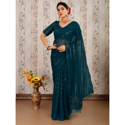 Women's Chiffon Fabric Line Saree With Unstitched Blouse (Teal Blue, 5-6 Mtrs) - Image 8