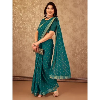 Women's Zomto Bandhini Saree With Unstitched Blouse (Teal Blue, 5-6 Mtrs) - Image 6