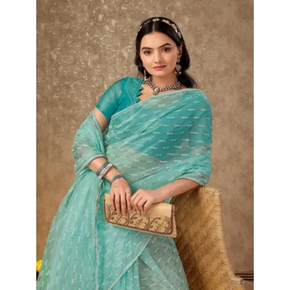 Women's Linen Line Saree With Unstitched Blouse (Turquies Green, 5-6 Mtrs) - Image 5