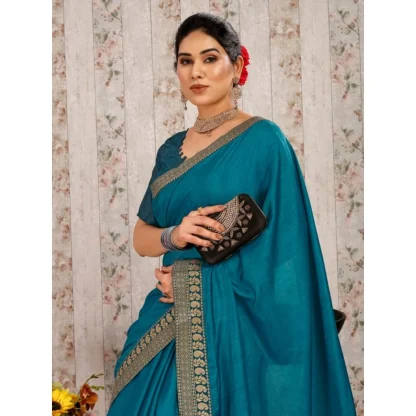 Women's Vichitra Plain Saree With Unstitched Blouse (Blue, 5-6 Mtrs) - Image 7