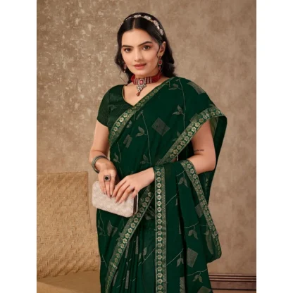 Women's Zomto Patta Chiffon Saree With Unstitched Blouse (Green, 5-6 Mtrs) - Image 5