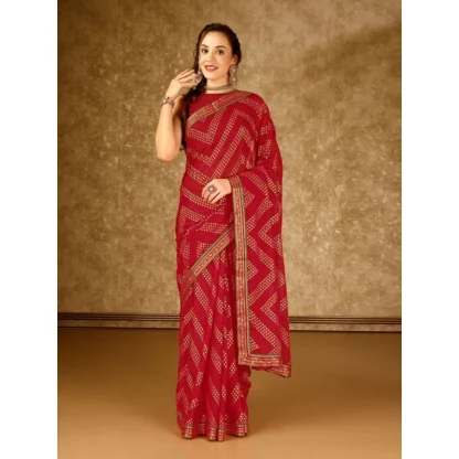 Women's Zomto Zig Zag Saree With Unstitched Blouse (Red, 5-6 Mtrs) - Image 3