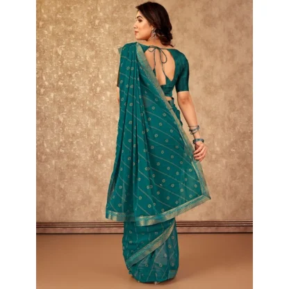 Women's Zomto Bandhini Saree With Unstitched Blouse (Teal Blue, 5-6 Mtrs) - Image 4