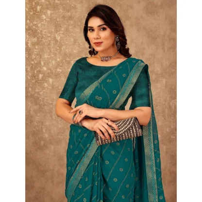 Women's Zomto Bandhini Saree With Unstitched Blouse (Teal Blue, 5-6 Mtrs) - Image 5