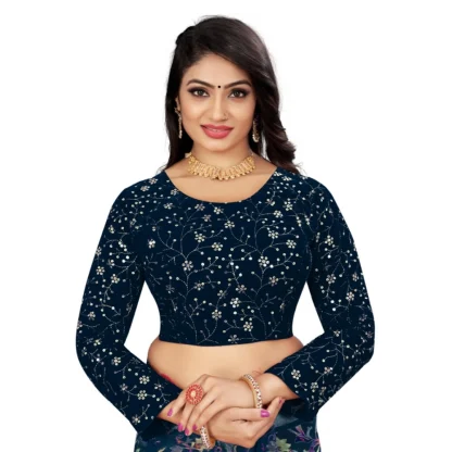 Women's Velvet Embroidery Readymade Blouse (Navy Blue, Size: Free Size)