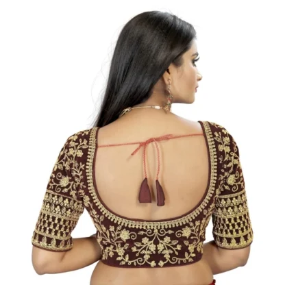 Women's Velvet Embroidery Readymade Blouse (Brown, Size: Free Size) - Image 3