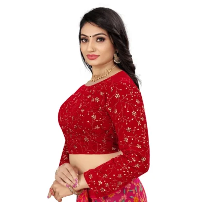 Women's Velvet Embroidery Readymade Blouse (Red, Size: Free Size) - Image 2