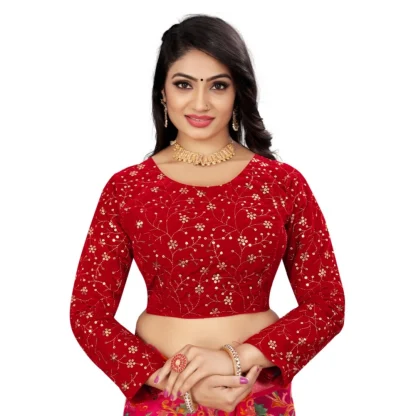 Women's Velvet Embroidery Readymade Blouse (Red, Size: Free Size)