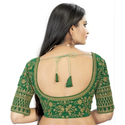 Women's Velvet Embroidery Readymade Blouse (Green, Size: Free Size) - Image 3