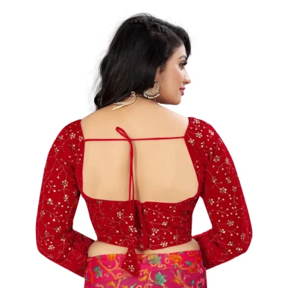 Women's Velvet Embroidery Readymade Blouse (Red, Size: Free Size) - Image 4