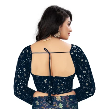 Women's Velvet Embroidery Readymade Blouse (Navy Blue, Size: Free Size) - Image 4