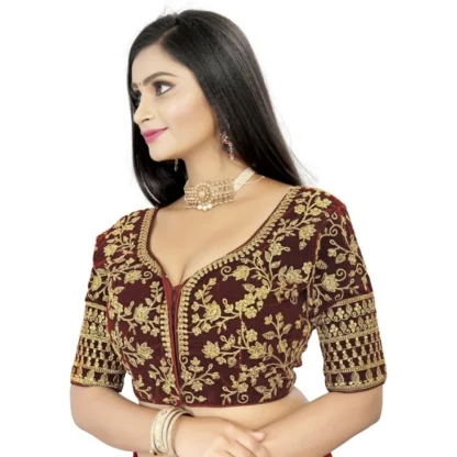 Women's Velvet Embroidery Readymade Blouse (Brown, Size: Free Size) - Image 2