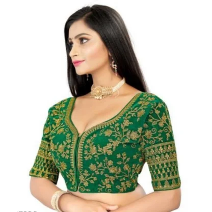 Women's Velvet Embroidery Readymade Blouse (Green, Size: Free Size) - Image 2