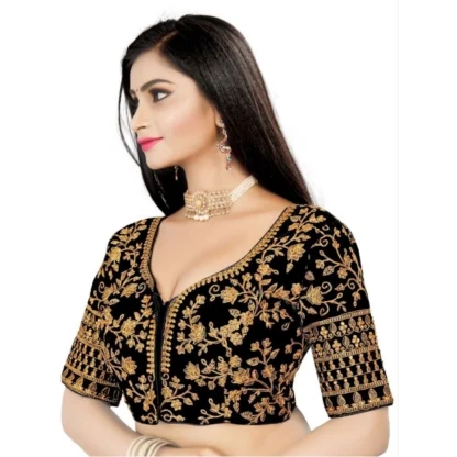 Women's Velvet Embroidery Readymade Blouse (Black, Size: Free Size) - Image 2