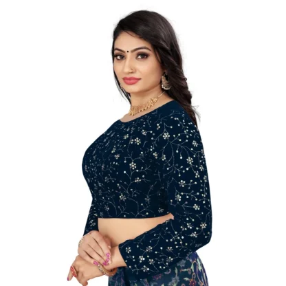 Women's Velvet Embroidery Readymade Blouse (Navy Blue, Size: Free Size) - Image 3