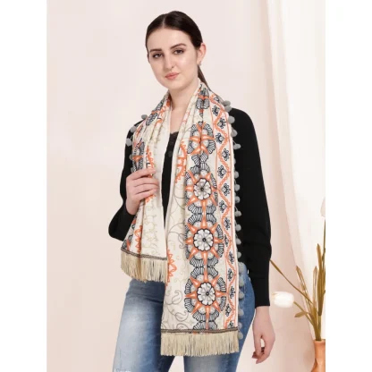 Women's Cotton Embroidered Muffler (Off White, Length: 0.5 to 1 Mtr) - Image 5