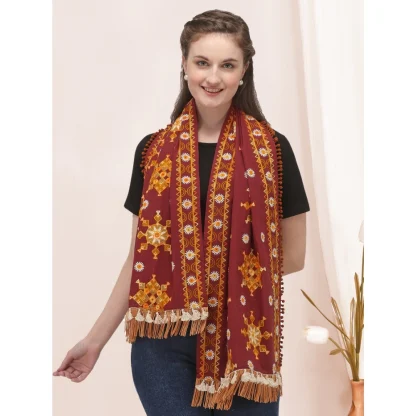 Women's Cotton Embroidered Muffler (Maroon, Length: 0.5 to 1 Mtr) - Image 5