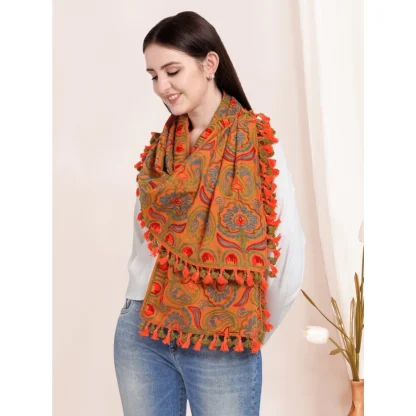 Women's Cotton Embroidered Muffler (Orange, Length: 0.5 to 1 Mtr) - Image 4