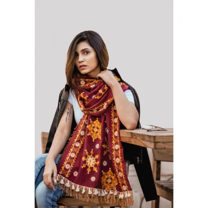 Women's Cotton Embroidered Muffler (Maroon, Length: 0.5 to 1 Mtr) - Image 2