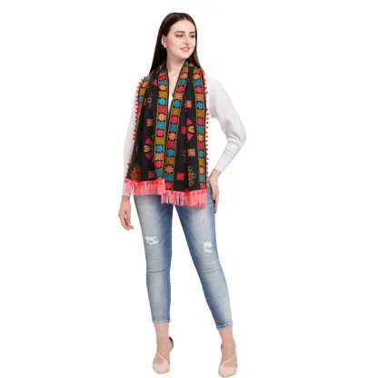 Women's Cotton Embroidered Muffler (Black, Length: 0.5 to 1 Mtr)