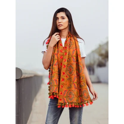 Women's Cotton Embroidered Muffler (Orange, Length: 0.5 to 1 Mtr) - Image 2